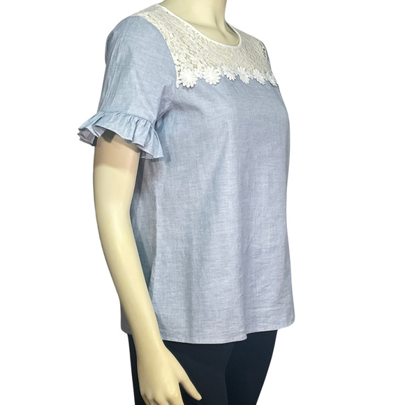 3-FOR-$30 Karl Lagerfeld Sz S Ruffle Sleeve Top Chambray Blue  White Lace - Picture 3 of 10